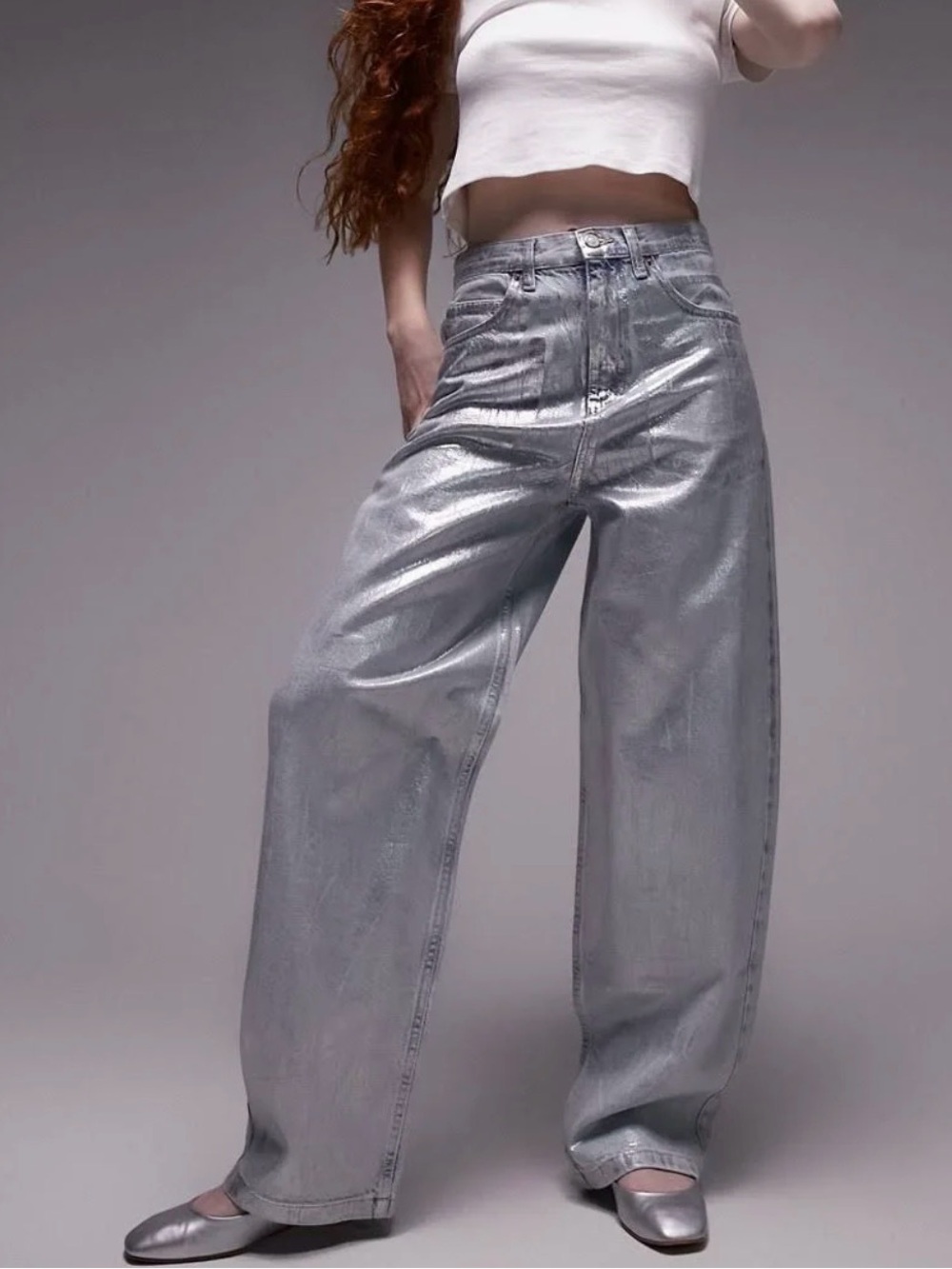 Topshop Baggy Metallic Silver Jeans – W26 L30